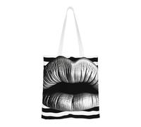 Lips Printed In Black And White Stripes Tote Bag For Women,Canvas Shoulder Bags With Pockets Shopping Bag Cute Reusable Grocery Bags
