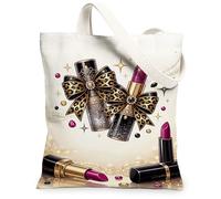 Lipstick Canvas Tote Bag for Women, Glamorous Chic Bow Leopard Print None Black Washable Reusable Shopping Bags Ideas for S, Black, 13x15 Inch
