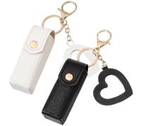Lipstick Case 2PCS Lipstick Holder with Heart Shaped Mirror PU Lip Balm Keyring Sleeves Portable Small Pouch for Women Girl Black and White
