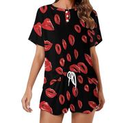 Lipstick Kisses Women's Pajama Set Short Sleeve Shirt and Shorts Sleepwear Lounge Set