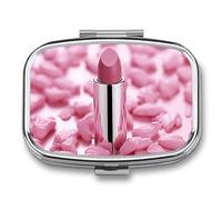 Lipstick Pattern Pill Box - 2 Compartment Travel Pill Organizer with Small Mirror, Portable Pillcase for Pocket & Purse, Cute Square Medicine Case, Weekly Medicine Container