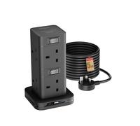 LIPWEL Tower Extension Lead 8 Way Outlets 3250W Overload Protection, USB Slots Surge Protected,5m Extension Cord Multi Plug Power Strip GaN 30W Fast Charging(2 USB-A 2 USB-C) for Office Home Black