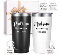 LiqCool Godparents Proposal Gift, Padrino y Madrina Godmother & Godfather 20oz Insulated Tumbler Set with Keychain & Card, Will You be My Godparents Gift from Godchild for Baptism(Black & White)