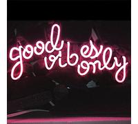 LiQi ™ Good Vibes ONLY Real Glass Handmade Neon Wall Signs for Room Decor Home Bedroom Girls Pub Hotel Beach Cocktail Recreational Game Room (14" x 8"，Pink)