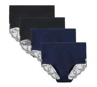 LIQQY Women's 4 Pack Combed Cotton Knicker Lace Coverage Full Rise Seamless Brief Panty Underwear (UK, Alpha, L, Regular, Regular, Black/Navy Blue)