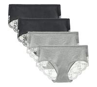 LIQQY Women's 4 Pack Cotton Mid Rise Full Coverage Lace Hipster Brief Panty Knicker Underwear (Black/Heather Grey, L)