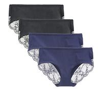 LIQQY Women's 4 Pack Cotton Mid Rise Full Coverage Lace Hipster Brief Panty Knicker Underwear (Black/Navy Blue, L)