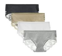 LIQQY Women's 4 Pack Cotton Mid Rise Full Coverage Lace Hipster Brief Panty Knicker Underwear (Black/Nude/Grey/White, L)