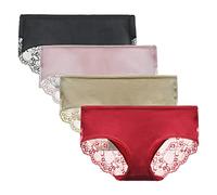 LIQQY Women's 4 Pack Cotton Mid Rise Full Coverage Lace Hipster Brief Panty Knicker Underwear (Black/Pink/Nude/Red, XL)