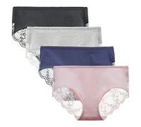 LIQQY Women's 4 Pack Cotton Mid Rise Full Coverage Lace Hipster Brief Panty Knicker Underwear (Small, Assorted)