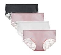 LIQQY Women's 4 Pack Cotton Mid Rise Full Coverage Lace Hipster Brief Panty Knicker Underwear (Small, Black/Pink/White)
