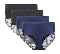 LIQQY Women's Cotton Lace Knicker Multipack Underwear Full Coverage Briefs | Mid-High Panties High Waist Underpants Pack of 4