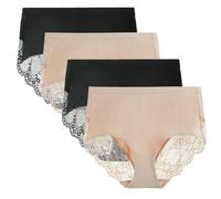 LIQQY Women's Cotton Lace Knicker Multipack Underwear Full Coverage Briefs | Mid-High Panties High Waist Underpants Pack of 4