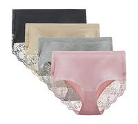 LIQQY Women's Cotton Lace Knicker Multipack Underwear Full Coverage Briefs | Mid-High Panties High Waist Underpants Pack of 4