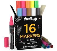 Liquid Chalk Pens & Metallic Colors - Pack of 16 Chalk Markers - for Chalkboard, Blackboards, Window, Glass, Bistro | 6mm Reversible Bullet & Chisel Tip Erasable Ink