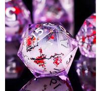 Liquid Core DND Dice Set 7pcs, Resin Sharp Edged Polyhedral Dice for Dungeons and Dragons, Handmade RPG D20 D12 D10 D8 D6 D4 D&D Plum BossomRole Playing Dice