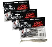 Liquid Mayhem Thrust Swim Minnow, 3.5" Soft Plastic Paddle Tail Lures - Easy to Rig with Realistic Swimming Action - Includes Bonus 10ml Attractant Gel - 3 Packs (21 Baits) - Crystal Shad