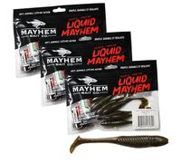 Liquid Mayhem Thrust Swim Minnow, 3.5" Soft Plastic Paddle Tail Lures - Easy to Rig with Realistic Swimming Action - Includes Bonus 10ml Attractant Gel - 3 Packs (21 Baits) - Green Pumpkin