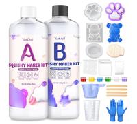 Liquid Silicone Squishy Maker Kit, 1000g Transparent 1:1 AB Fast Cure Silicone Rubber, Super Soft Mould Set with Cat Paw, Bear, Taiyaki, Flocking Included, DIY Decompression Gift for Craft Enthusiasts