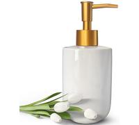 Liquid Soap Dispenser for Bathroom with Gold Pump，Dish Soap Dispenser for Kitchen Sink，Refillable Countertop Lotion Ceramics White Hand Soap Dispenser for Shower 420ml (Cylindrical White Bottle)