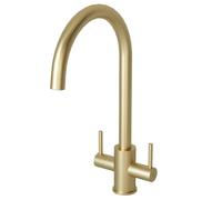 Liquida AD399BR Swan Neck Twin Lever Kitchen Mixer Tap in Brushed Brass
