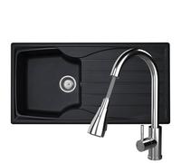 Liquida Cmp10Bl 1.0 Bowl Reversible Black Kitchen Sink And Kpo11Ch Chrome Tap