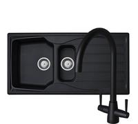 Liquida Cmp15Bl 1.5 Bowl Reversible Black Kitchen Sink And Lu408Mb Mixer Tap