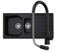 Liquida Cmp15Bl 1.5 Bowl Reversible Black Kitchen Sink And Pull Out Ct453Mb Tap