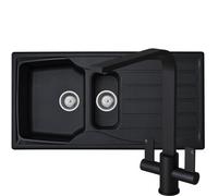 Liquida Cmp15Bl 1.5 Bowl Reversible Black Kitchen Sink And Pull Out Eb403Mb Tap