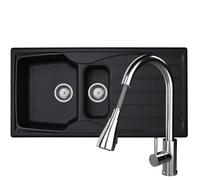 Liquida Cmp15Bl 1.5 Bowl Reversible Black Kitchen Sink And Pull Out Kpo11Ch Tap