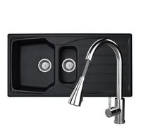 Liquida CMP15BL 1.5 Bowl Reversible Black Kitchen Sink and Pull Out KPO11CH Tap
