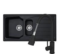 Liquida Cmp15Bl 1.5 Bowl Reversible Black Kitchen Sink And Pull Out Kpo11Mb Tap