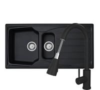 Liquida CMP15BL 1.5 Bowl Reversible Black Kitchen Sink and Pull Out KPO11MB Tap