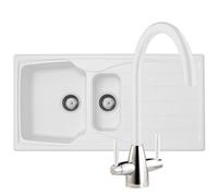 Liquida Cmp15Wh 1.5 Bowl White Kitchen Sink With Lc02Wh White Mixer Tap