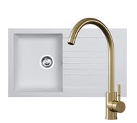 Liquida Kavl860Wh 1.0 Bowl White Kitchen Sink And Vt65Ab Antique Brass Tap