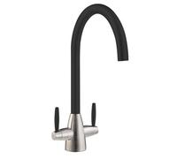 Liquida Lb01Bl Swan Neck Twin Lever Brushed Steel And Black Kitchen Tap
