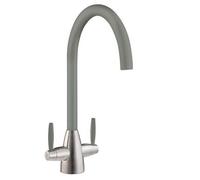 Liquida Lb01Gr Swan Neck Twin Lever Brushed Steel And Grey Kitchen Mixer Tap