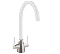 Liquida Lb01Wh Swan Neck Twin Lever Brushed Steel And White Kitchen Tap
