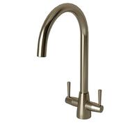 Liquida LU405BS Monobloc Swan Neck Twin Lever Brushed Steel Kitchen Mixer Tap