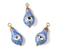 LiQunSweet 3 Pcs Ceramic Blue Evil Eye Charm, Porcelain Beads, Handmade Golden Blue Turkish Magic Eye Bulb Shape Charms, 32x14.5mm, DIY Jewelry Making Craft Supplies for Necklace Bracelet