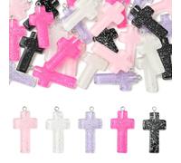 LiQunSweet 30 Pcs 5 Colors Resin Crucifix Cross Charms with Glitter Powder Religious Dangle Pendants 40x20.5x4mm for Rosary Necklace Bracelets Earrings Jewelry Making DIY Keychains