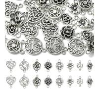 LiQunSweet 40 pcs 8 Styles Tibetan Style Flower Connector Charms Antique Silver Floral Link Charms for DIY Jewelry Necklace Earring Bracelet Crafts Bag Keychain Phone Decor