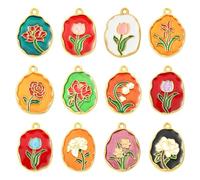 LiQunSweet 48 Pcs 12 Styles Retro Flower Charms Oval Shape Floral Charms Golden Spring Theme Enamel Charm Sets 21-23mm Bulk for Jewelry Making Bracelets Necklace