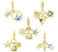 LiQunSweet 5 pcs 5 Styles Golden Color Ocean Theme European Dangle Charms Sea Animals Sailboat Large Hole Charms for DIY Jewelry Bracelet Necklace Earring Bag Keychain Decor