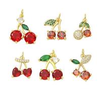 LiQunSweet 6 pcs 6 Styles Brass Cubic Zirconia Red Cherry Charms Imitation Fruit Food Charms for DIY Jewelry Bracelet Necklace Earring Bag Keychain Decor