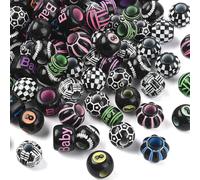 LiQunSweet Acrylic European Beads, Black with Colorful Patterns, Large Hole Beads, Mixed Shapes, 90 Pieces, 9 Styles, 9-12x8-10.5mm