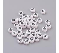LiQunSweet Acrylic Letter Beads, Flat Round Alphabet Spacer Beads, White with Black Letters, 7x4mm, 1.2-1.8mm Hole, 100 Pcs, Letter W