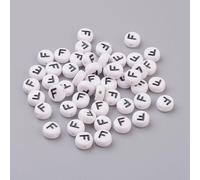 LiQunSweet Acrylic Letter Beads, Flat Round Alphabet Spacer Beads, White with Black Letters, 7x4mm, 1.2-1.8mm Hole, 100 Pcs, Letter F