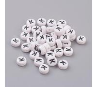 LiQunSweet Acrylic Letter Beads, Flat Round Alphabet Spacer Beads, White with Black Letters, 7x4mm, 1.2-1.8mm Hole, 100 Pcs, Letter K