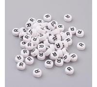 LiQunSweet Acrylic Letter Beads, Flat Round Alphabet Spacer Beads, White with Black Letters, 7x4mm, 1.2-1.8mm Hole, 100 Pcs, Letter R